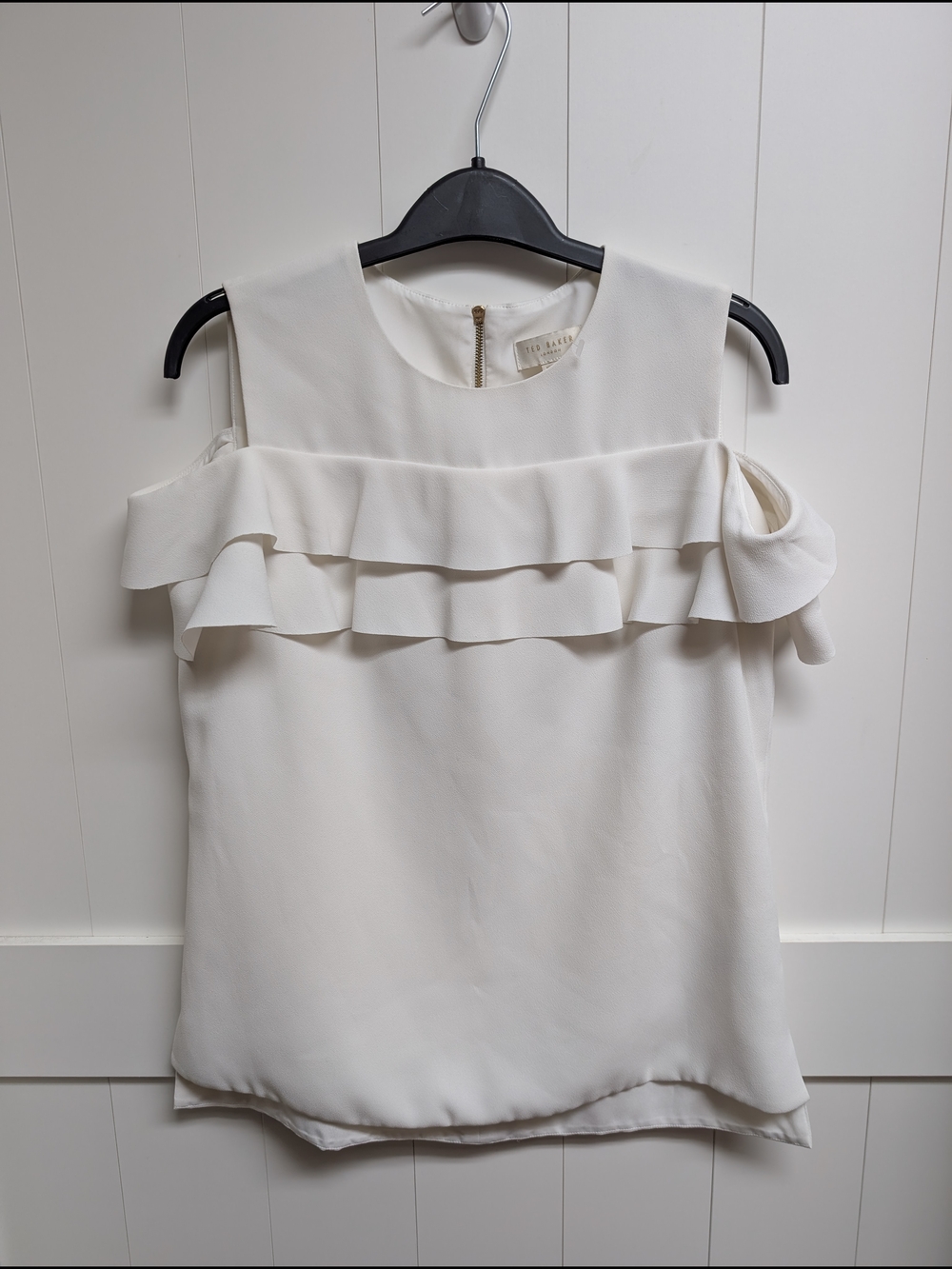 Ted Baker White Cold-Shoulder Ruffle Blouse Tank, sz 2 Small
